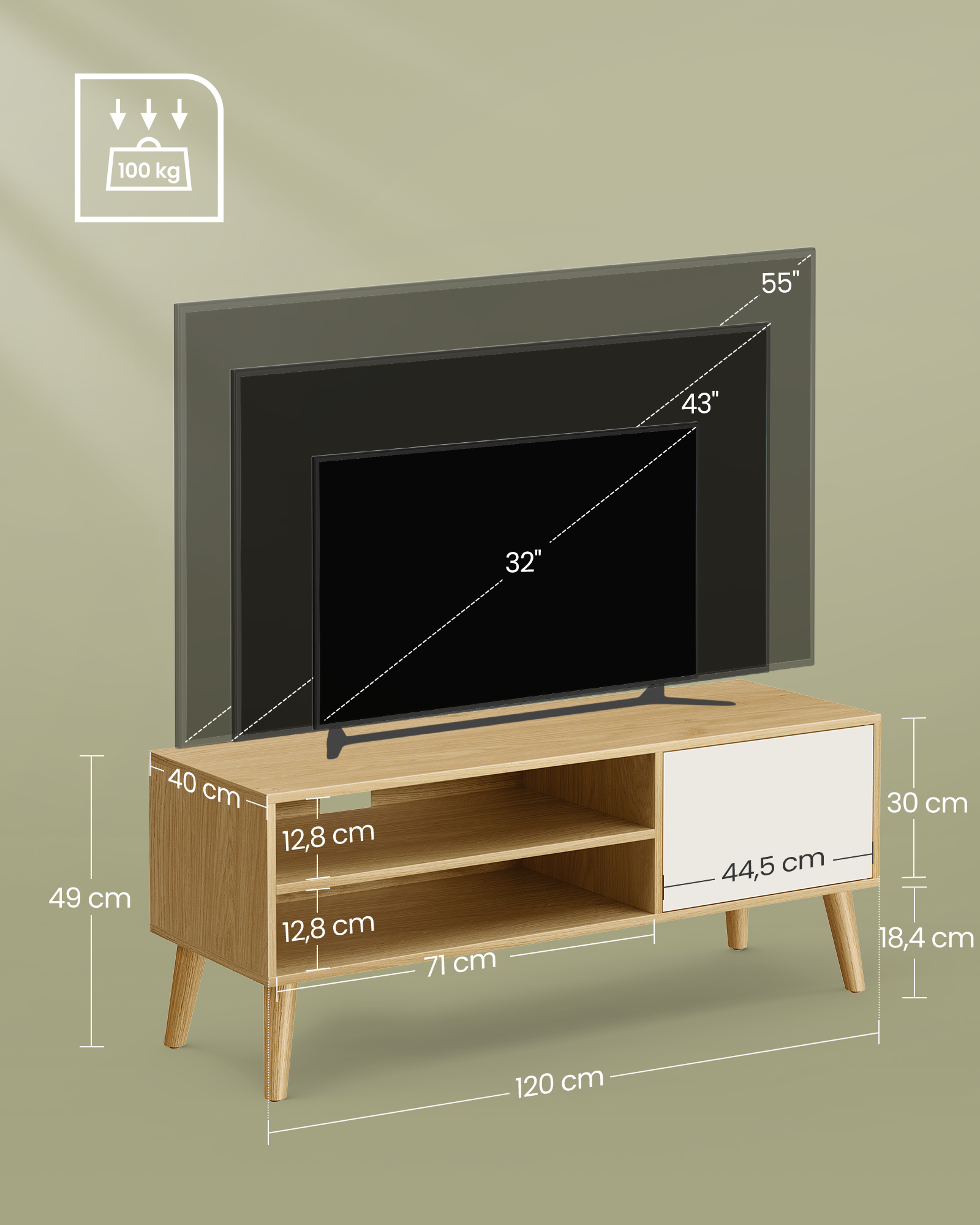TV staliukas, 120 x 40 x 49 cm, medžio drožlių plokštė ir kaučiukmedis, natūralaus ąžuolo ir kreminės baltos spalvos - Image 6