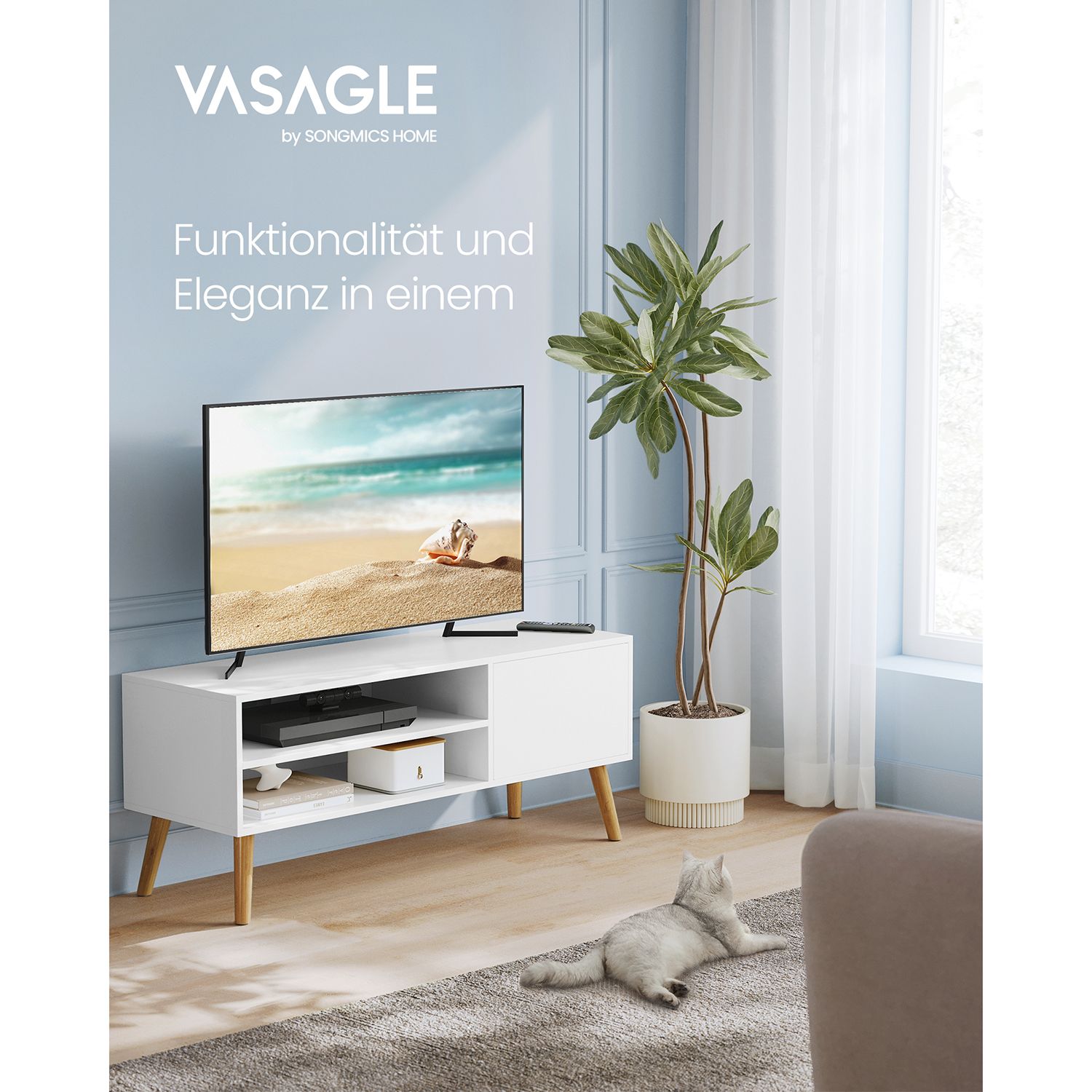 TV skapītis, balts, skaidu plātne un gumijkoks, 40 x 120 x 49 cm - Image 2