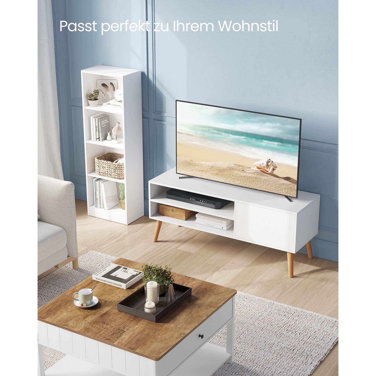 TV skapītis, balts, skaidu plātne un gumijkoks, 40 x 120 x 49 cm - Image 3