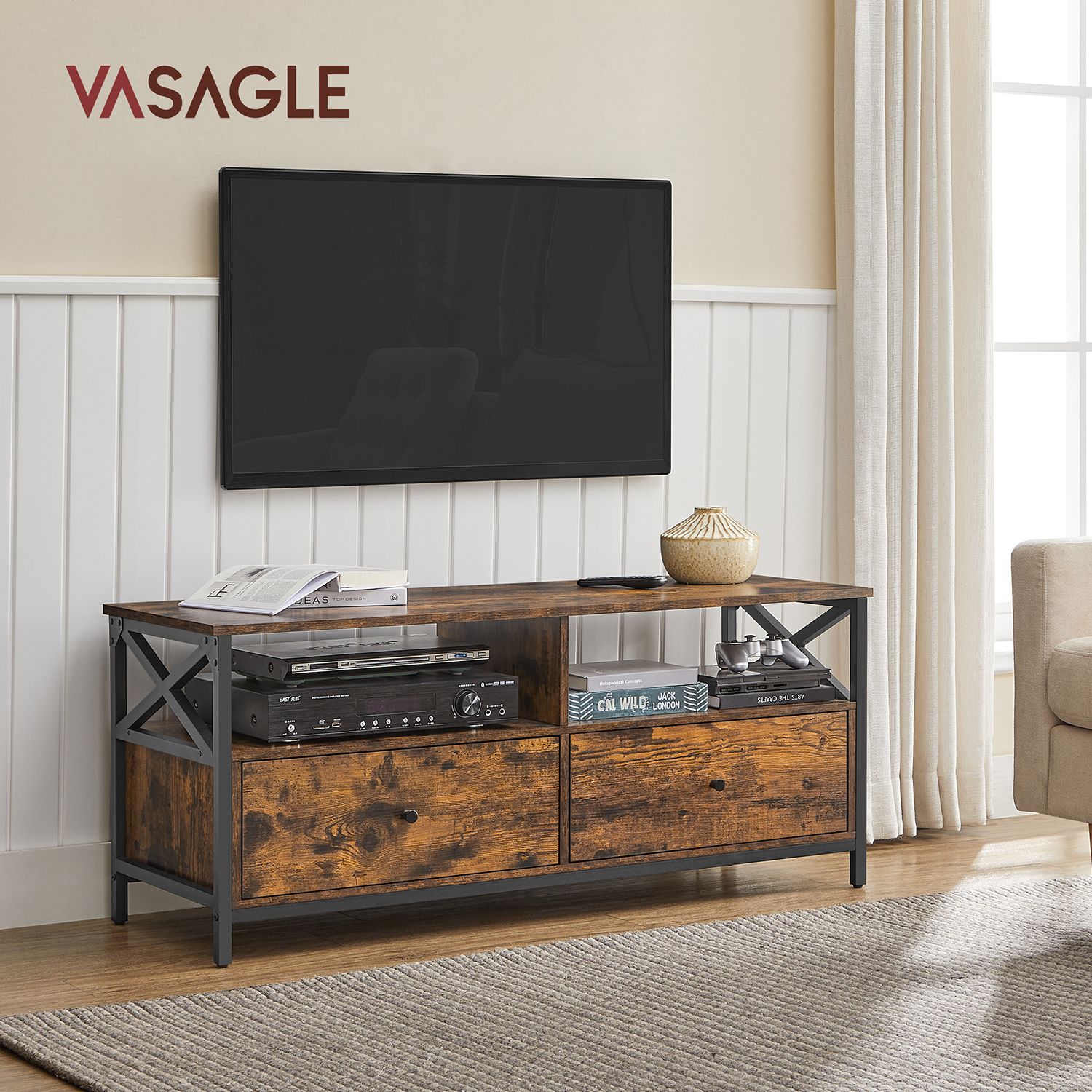 TV-taso enintään 55 tuuman televisiolle, 120 x 40 x 50 cm, 2 laatikkoa, ruskea-musta - Image 2