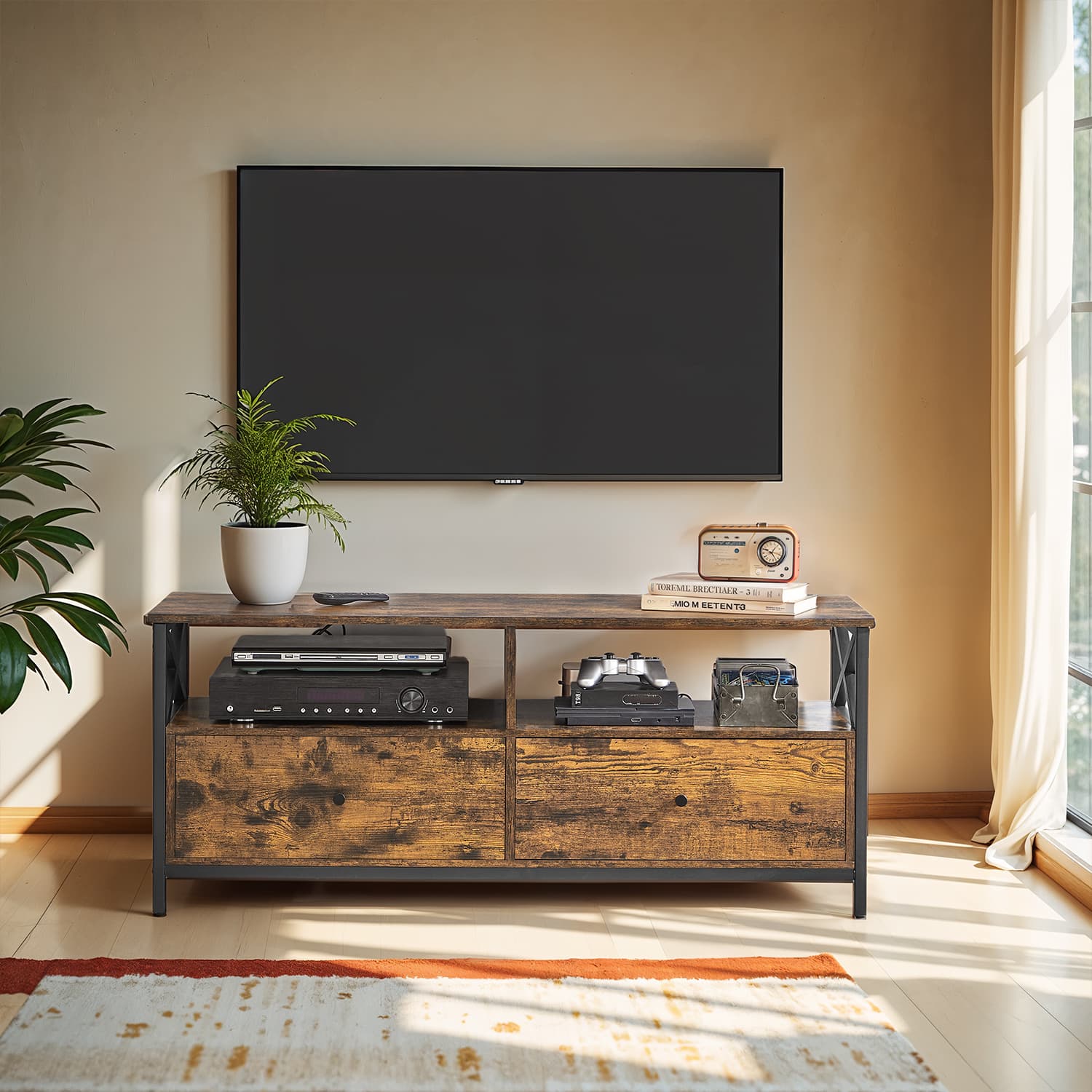 TV staliukas iki 55 col. televizoriui, 120 x 40 x 50 cm, 2 stalčiai, vintage rudos-juodos spalvos