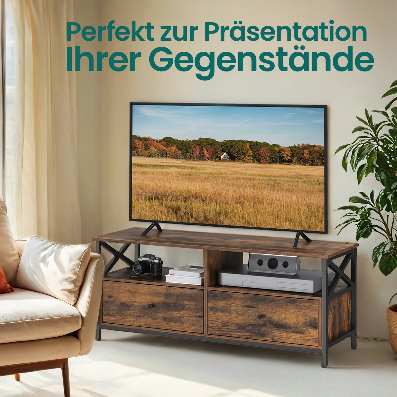 TV staliukas iki 55 col. televizoriui, 120 x 40 x 50 cm, 2 stalčiai, vintage rudos-juodos spalvos - Image 3