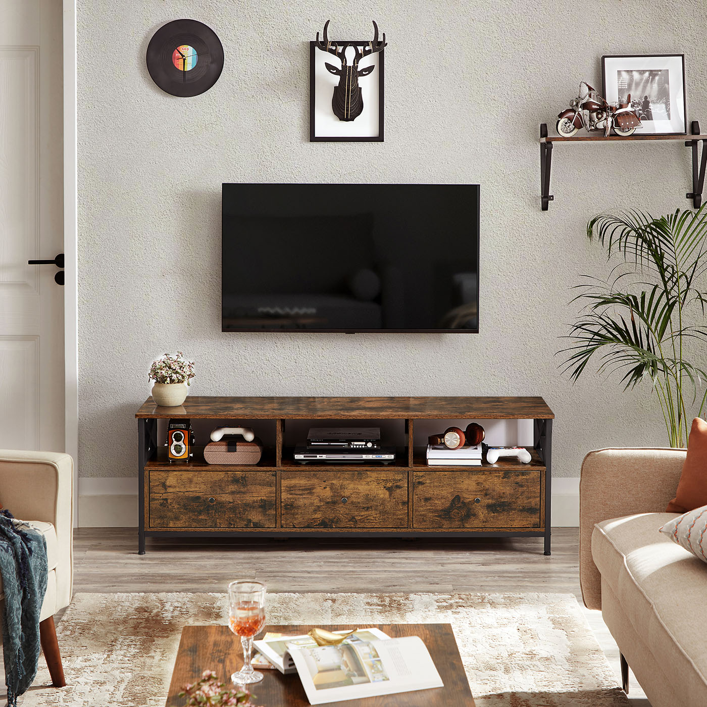 TV spintelė iki 65 colių televizoriui, 147 x 40 x 50 cm, 3 stalčiai, medžio drožlių plokštė ir plienas - Image 2