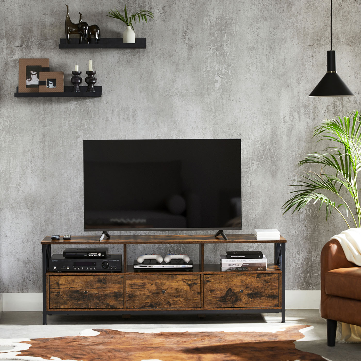 TV spintelė iki 65 colių televizoriui, 147 x 40 x 50 cm, 3 stalčiai, medžio drožlių plokštė ir plienas - Image 4