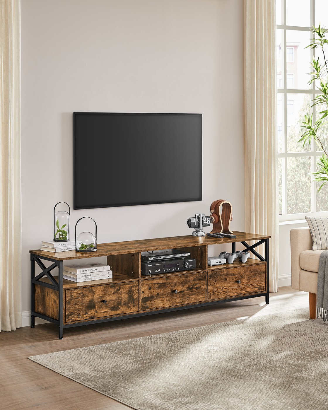 TV skapītis televizoriem līdz 80 collām, 3 atvilktnes, 3 atvērti nodalījumi, 178 x 40 x 50 cm - Image 2