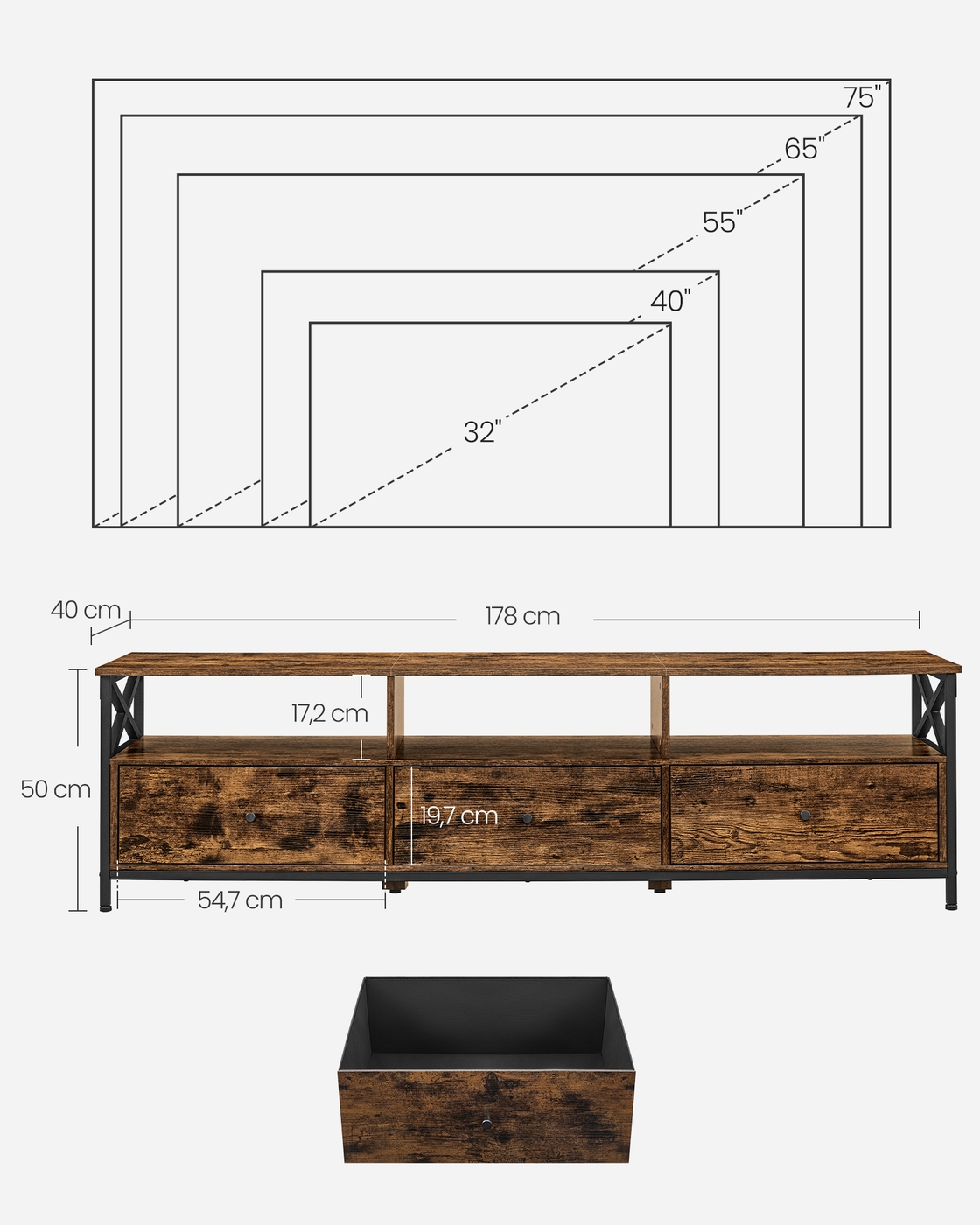TV skapītis televizoriem līdz 80 collām, 3 atvilktnes, 3 atvērti nodalījumi, 178 x 40 x 50 cm - Image 3