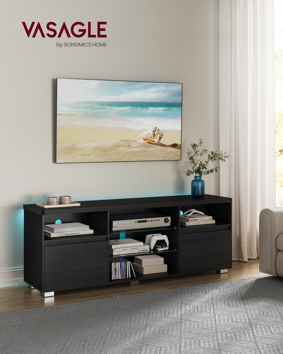 TV skapītis televizoriem līdz 70 collām ar LED apgaismojumu, melns, 160 x 40 x 60 cm - Image 2