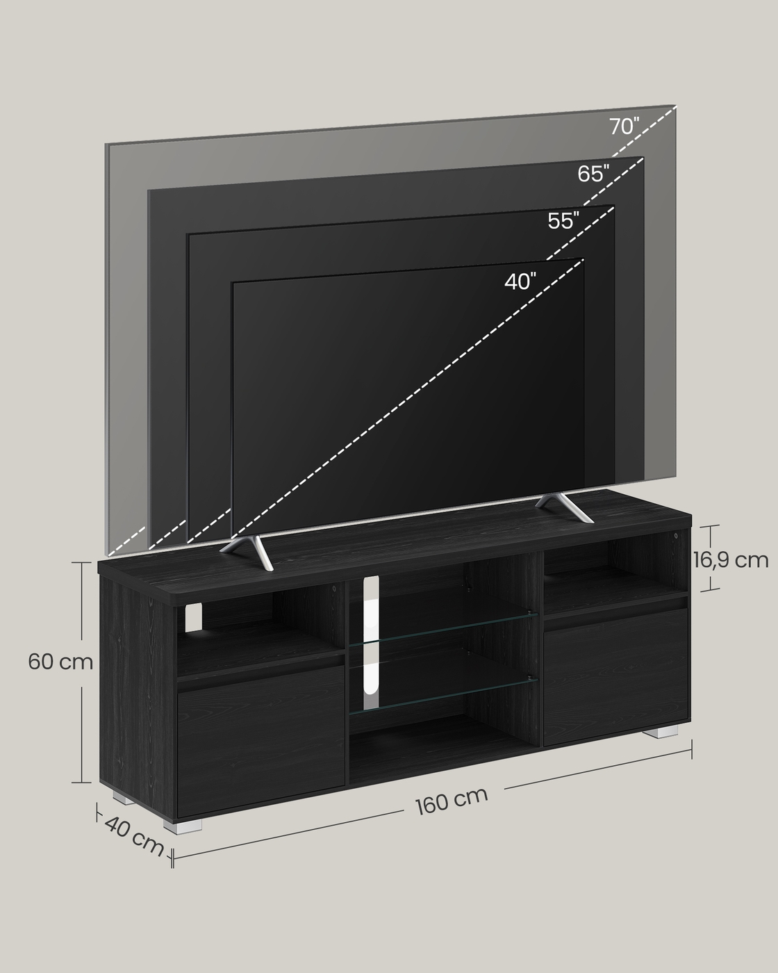 TV skapītis televizoriem līdz 70 collām ar LED apgaismojumu, melns, 160 x 40 x 60 cm - Image 7