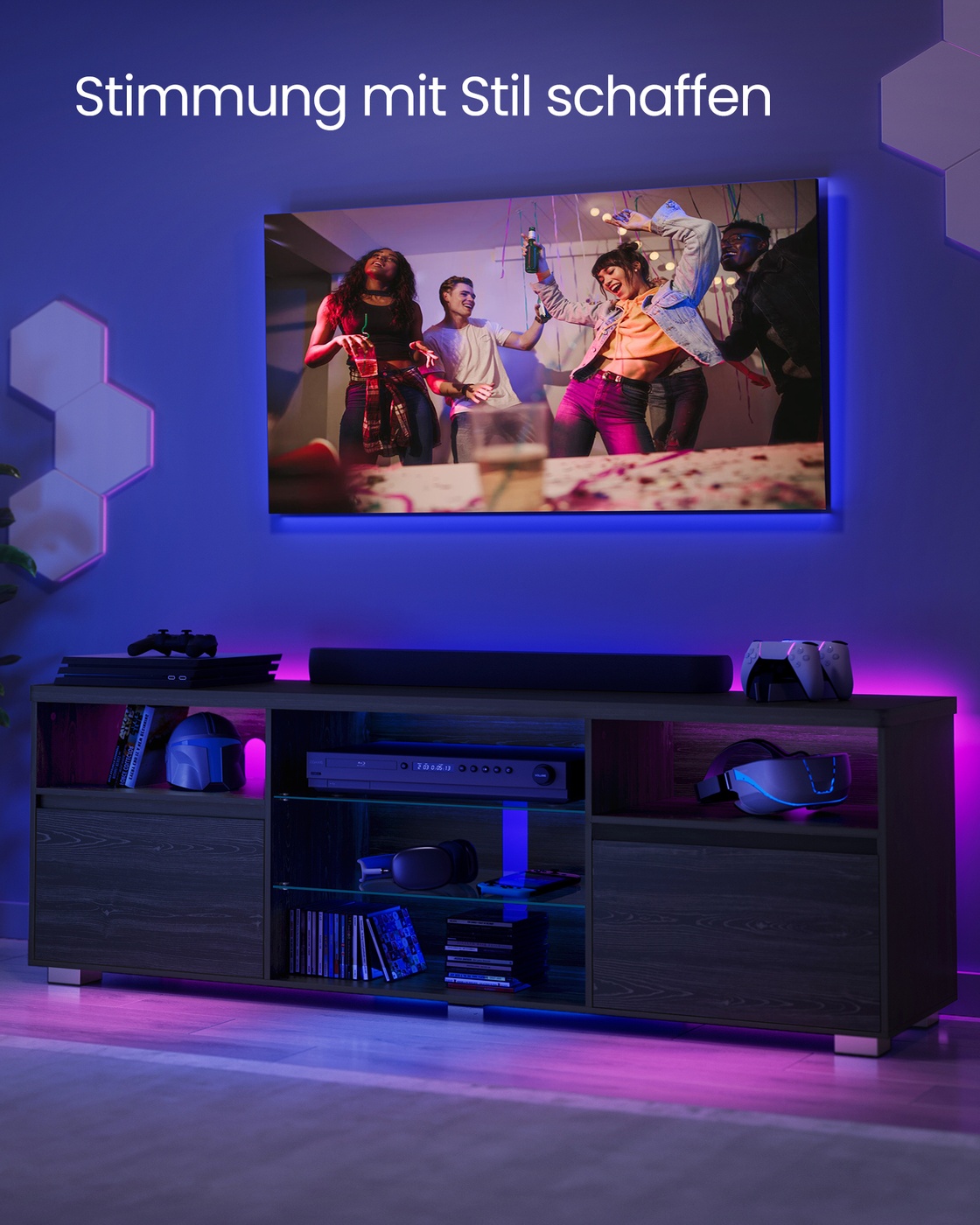 TV skapītis televizoriem līdz 70 collām ar LED apgaismojumu, melns, 160 x 40 x 60 cm - Image 8