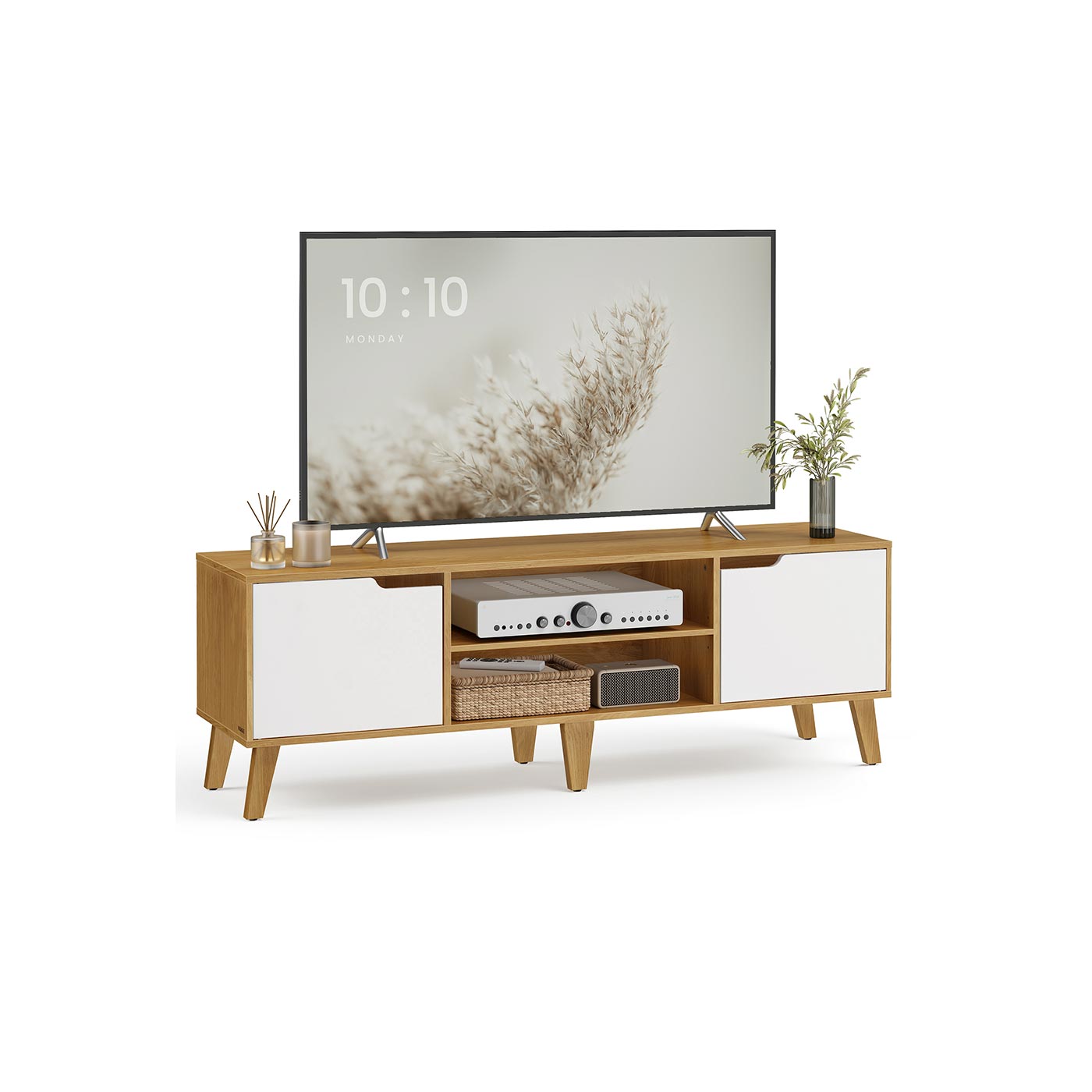 TV spintelė iki 65 colių televizoriui, 147 x 39 x 50 cm, reguliuojama lentyna, ąžuolo ir kreminė balta
