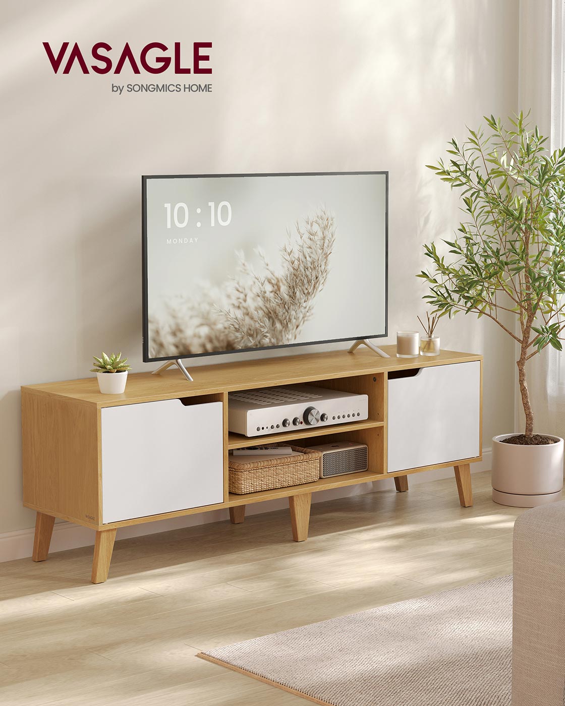 TV skapītis televizoriem līdz 65 collām, 147 x 39 x 50 cm, regulējams plaukts, ozola un krēmbalts - Image 2