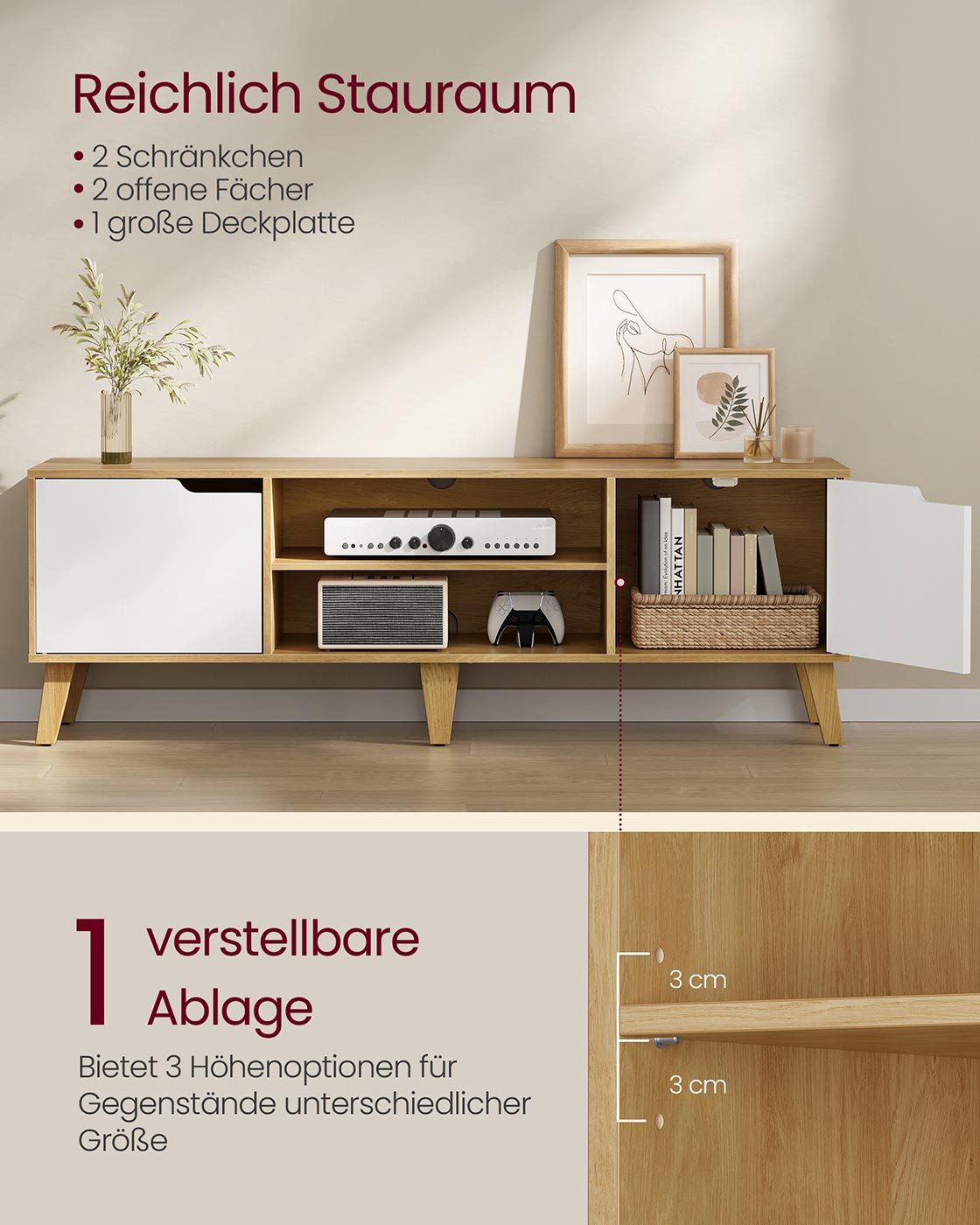 TV skapītis televizoriem līdz 65 collām, 147 x 39 x 50 cm, regulējams plaukts, ozola un krēmbalts - Image 3