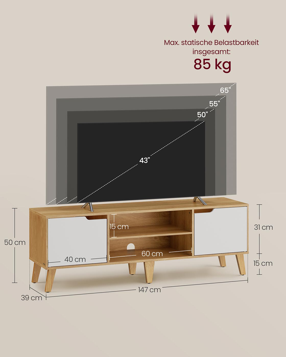 TV skapītis televizoriem līdz 65 collām, 147 x 39 x 50 cm, regulējams plaukts, ozola un krēmbalts - Image 6