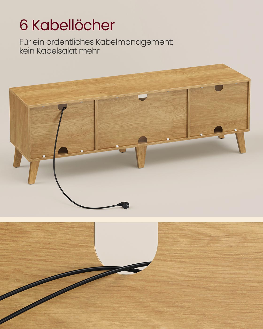 TV skapītis televizoriem līdz 65 collām, 147 x 39 x 50 cm, regulējams plaukts, ozola un krēmbalts - Image 4