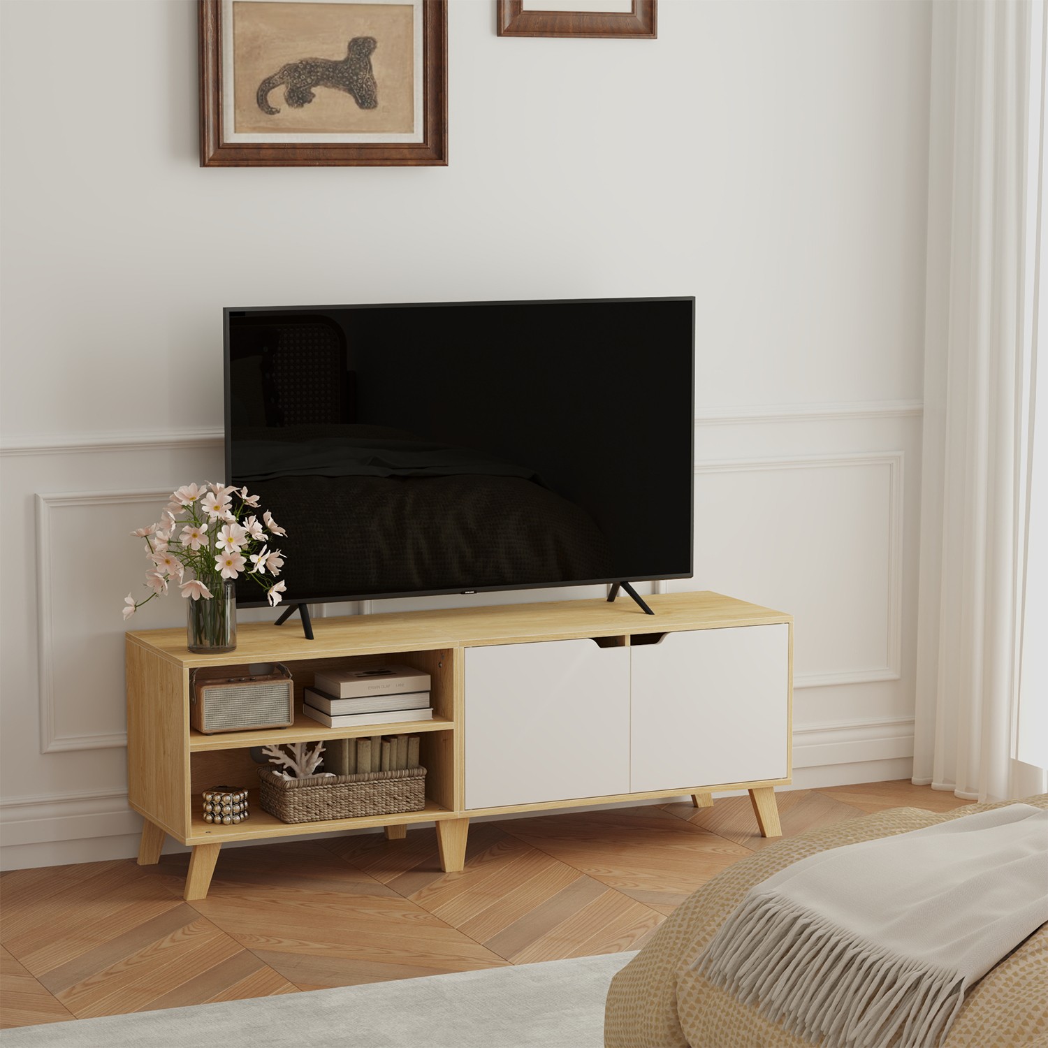 TV-taso 2 ovella ja säädettävillä hyllyillä, 140 x 40 x 50 cm, tammenvärinen ja luonnonvalkoinen - Image 2