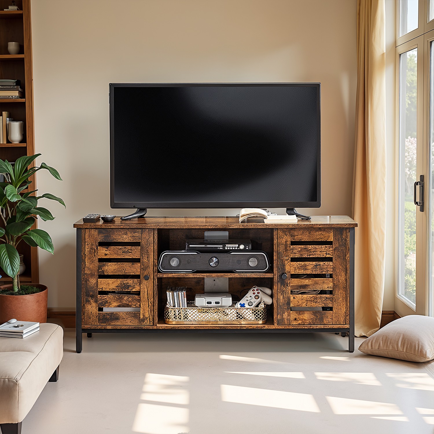 TV spintelė su 2 spintelėmis ir 2 lentynų lygiais, 110 x 40 x 50 cm, tamsiai ruda