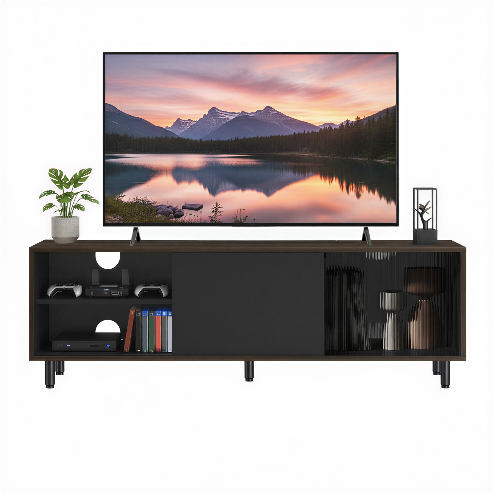 TV-taso enintään 60 tuuman televisiolle, 140 x 39 x 45 cm, uurrettu lasi, ruskea-musta - Image 2