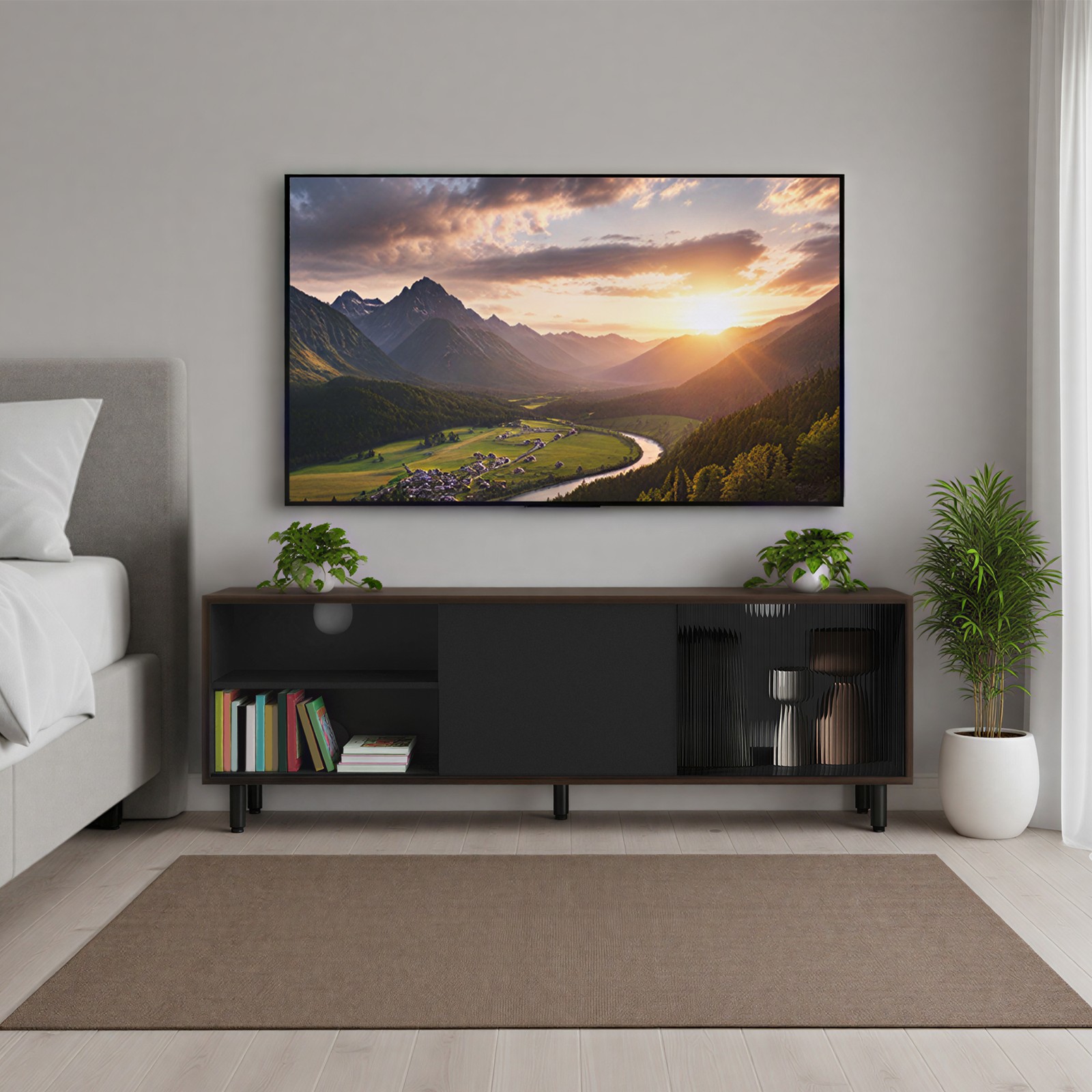 TV-taso enintään 60 tuuman televisiolle, 140 x 39 x 45 cm, uurrettu lasi, ruskea-musta - Image 5