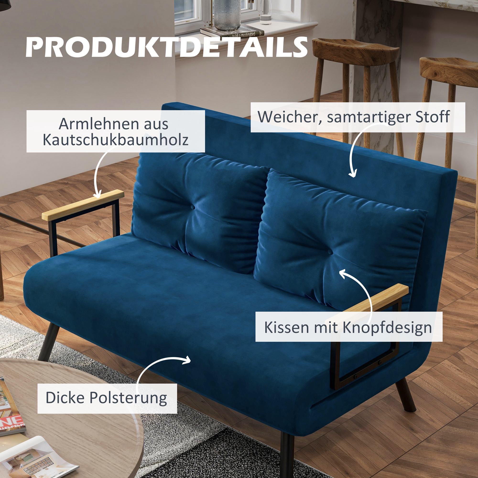 Miegamoji sofa, 2 vietų sofa, aksomo išvaizda, mėlyna, 2 pagalvės - Image 6