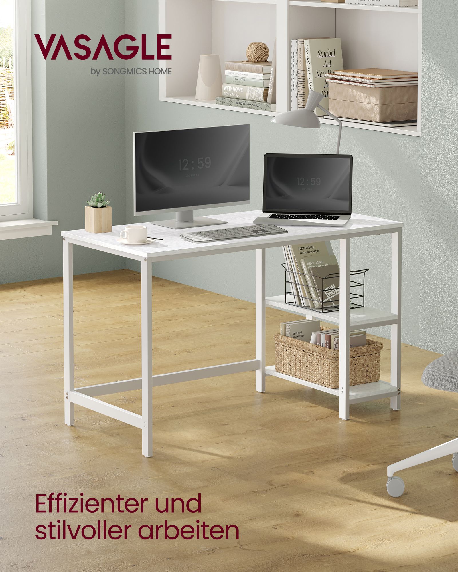 Rakstāmgalds ar 2 plauktiem, 120 x 60 x 76 cm, skaidu plātne un tērauds, kļavas balts - Image 2