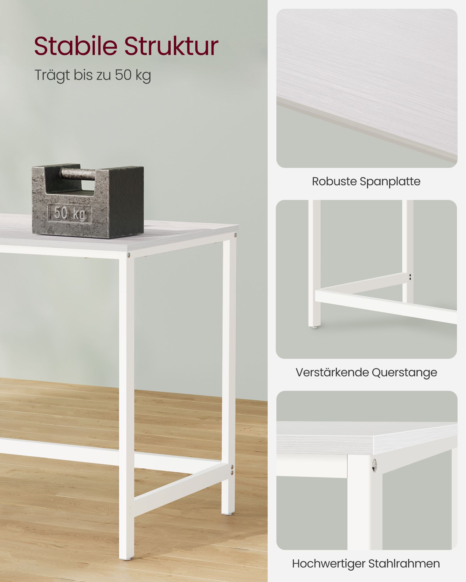 Rakstāmgalds ar 2 plauktiem, 120 x 60 x 76 cm, skaidu plātne un tērauds, kļavas balts - Image 4