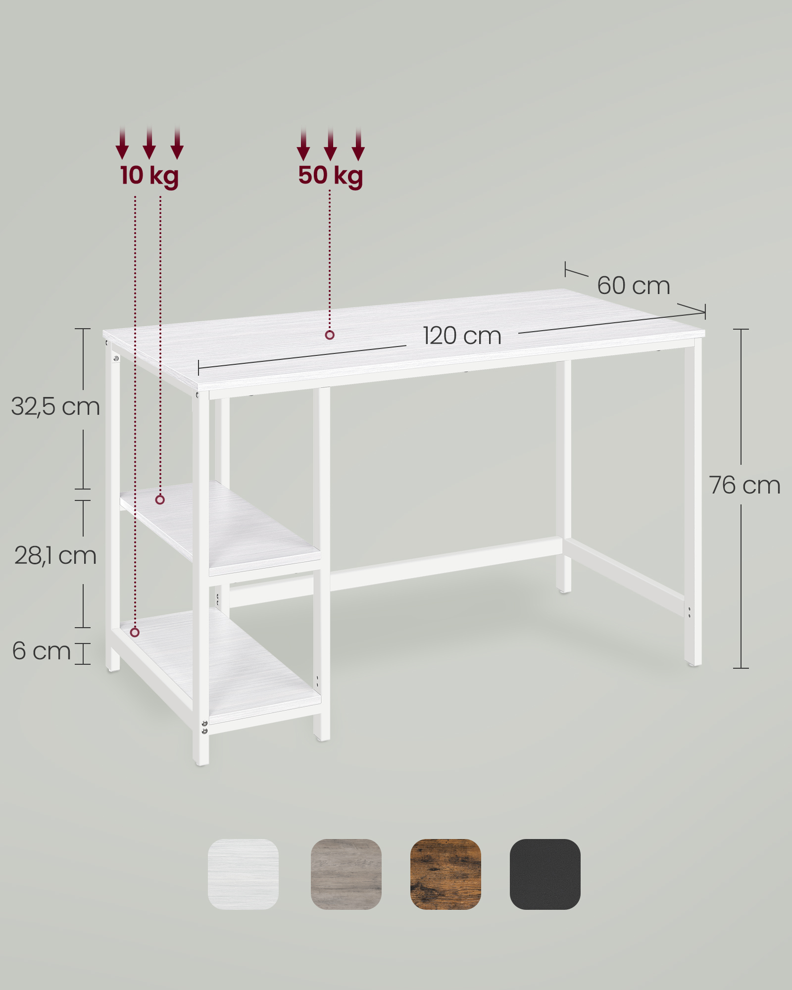 Rakstāmgalds ar 2 plauktiem, 120 x 60 x 76 cm, skaidu plātne un tērauds, kļavas balts - Image 6