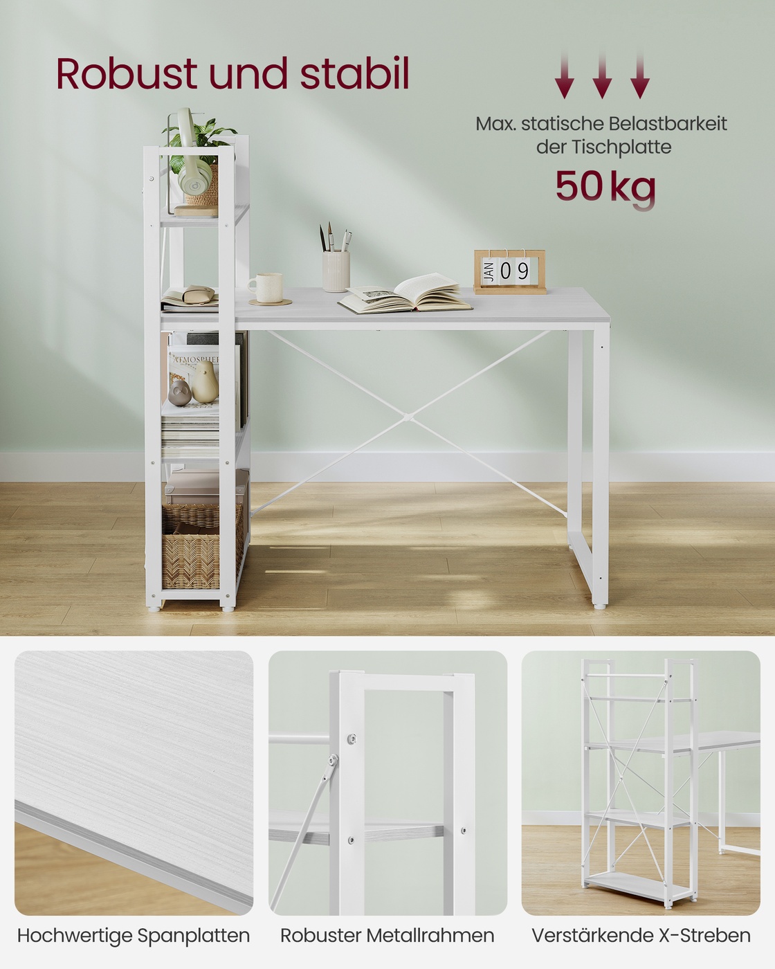 Datorgalds ar plauktiem, 120 x 56 x 120 cm, kļavbalts, tērauds un skaidu plātne - Image 5