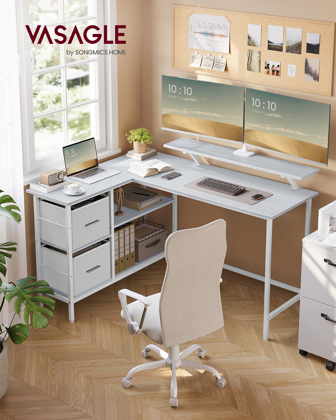 L formos rašomasis stalas su 2 stalčiais ir monitoriaus stovu, 105 x 135 x 89,5 cm, balta - Image 2