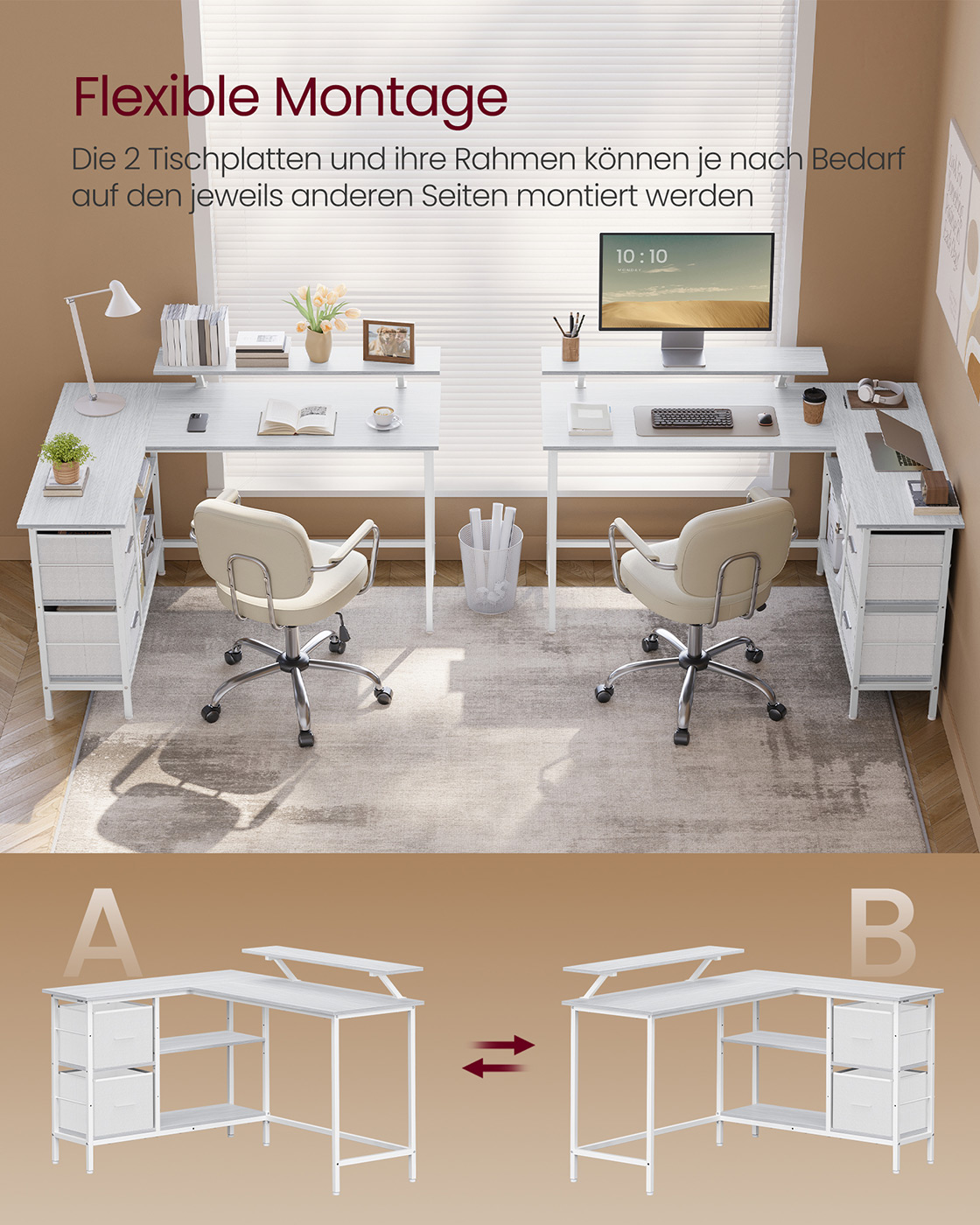 L formos rašomasis stalas su 2 stalčiais ir monitoriaus stovu, 105 x 135 x 89,5 cm, balta - Image 3