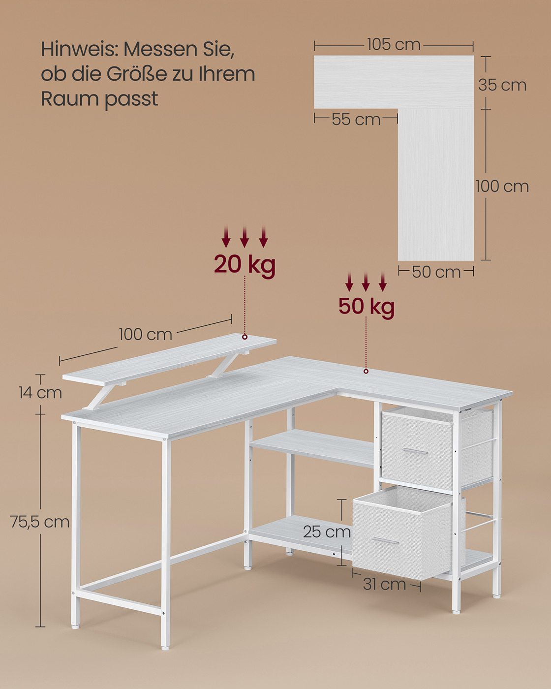 L formos rašomasis stalas su 2 stalčiais ir monitoriaus stovu, 105 x 135 x 89,5 cm, balta - Image 6