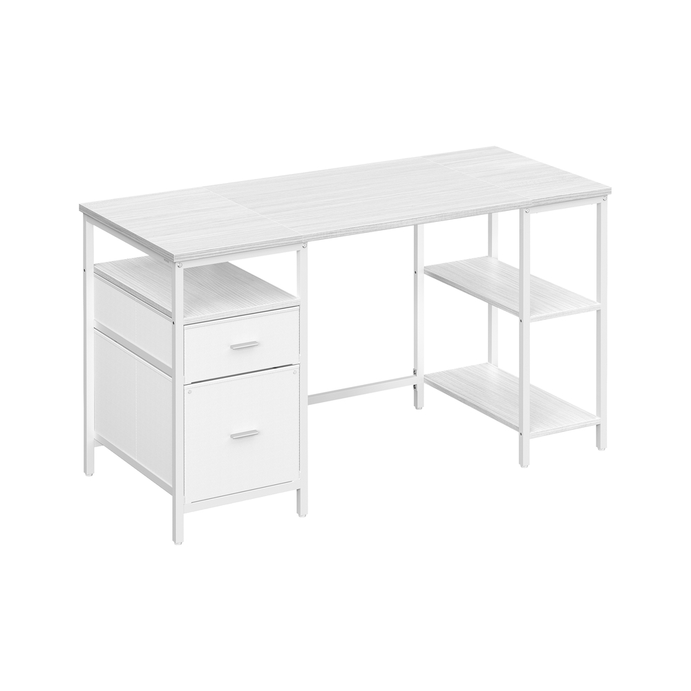 Arvutilaud 3 riiuli ja 2 sahtliga, 140 x 60 x 76 cm, vahtravalge-pilvevalge
