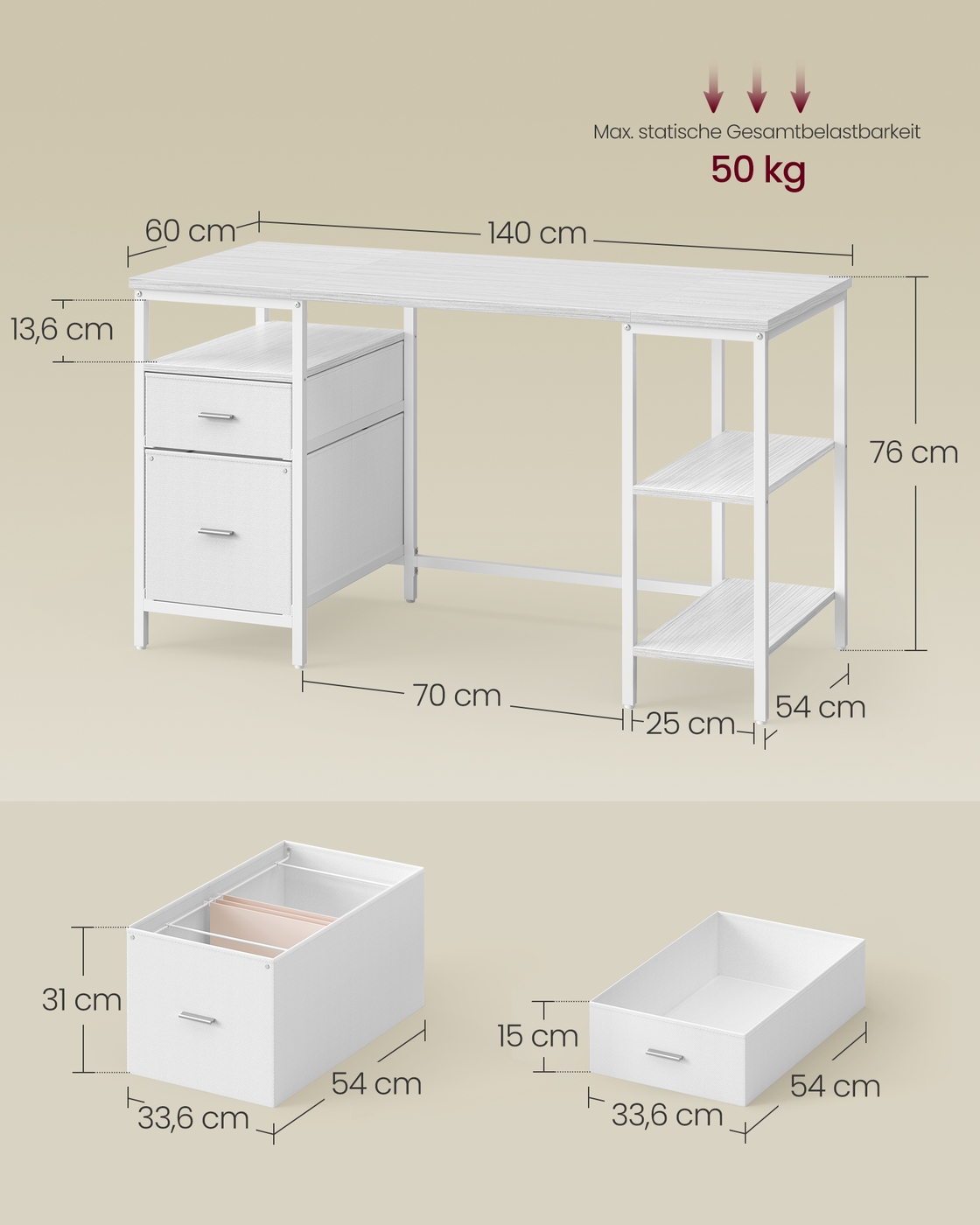 Tietokonepöytä 3 hyllyllä ja 2 laatikolla, 140 x 60 x 76 cm, vaahteranvalkoinen-pilvenvalkoinen - Image 5