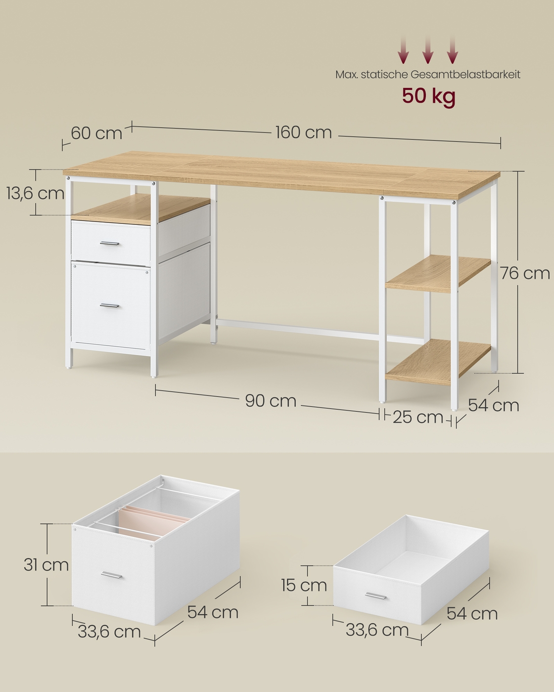 Tietokonepöytä 160 x 60 x 76 cm, 3 hyllyä ja 2 laatikkoa, luonnontammen värinen ja valkoinen - Image 5