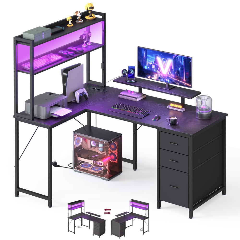 Kampinis rašomasis stalas, juodas, su LED, 140 x 100 x 150 cm