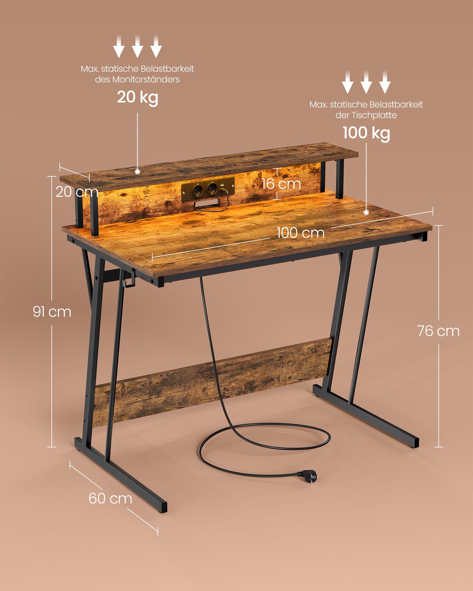 Rakstāmgalds ar kontaktligzdu bloku, 60 x 100 x 76 cm, vintage brūns - Image 5