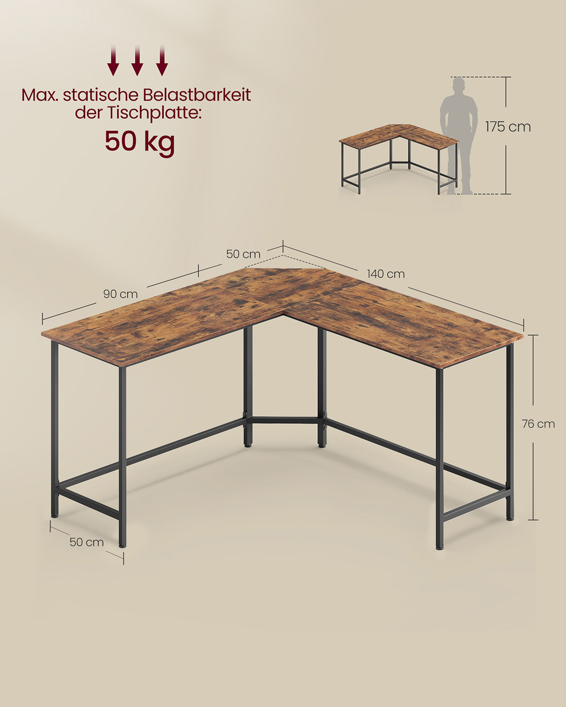 L veida datorgalds, 140 x 140 x 75 cm, skaidu plātne un tērauds, brūns-melns - Image 7