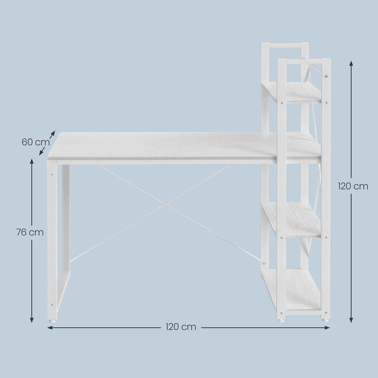 Rakstāmgalds ar plauktiem, balts, kokskaidu plātne un tērauds, 120 x 60 x 120,1 cm - Image 6