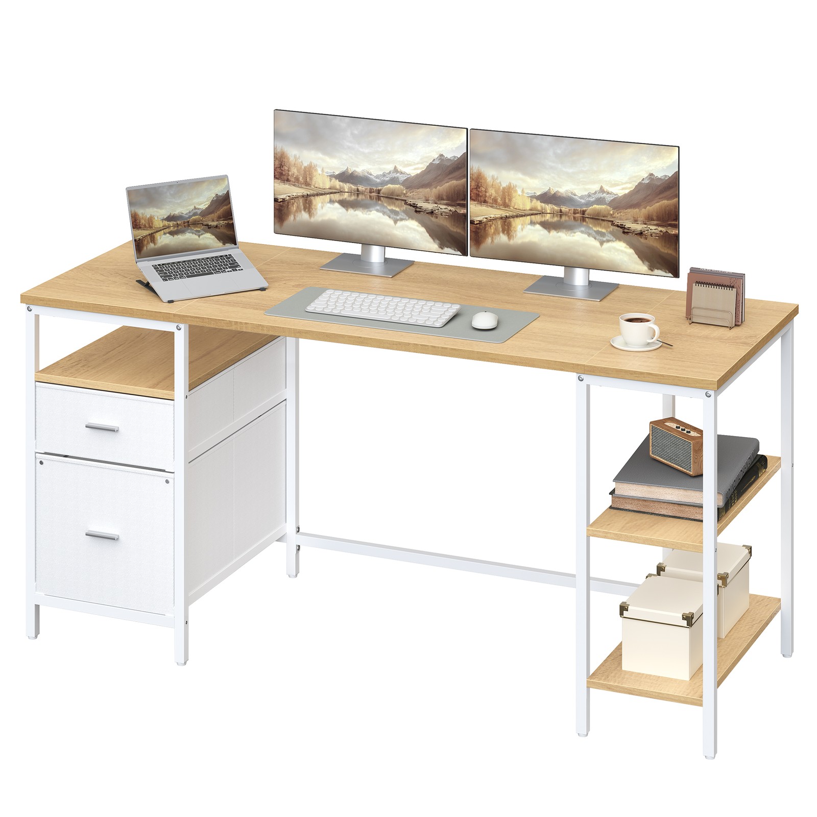 Rašomasis stalas su 3 lentynomis ir 2 stalčiais, 160 x 60 x 76 cm, ąžuolo baltos spalvos