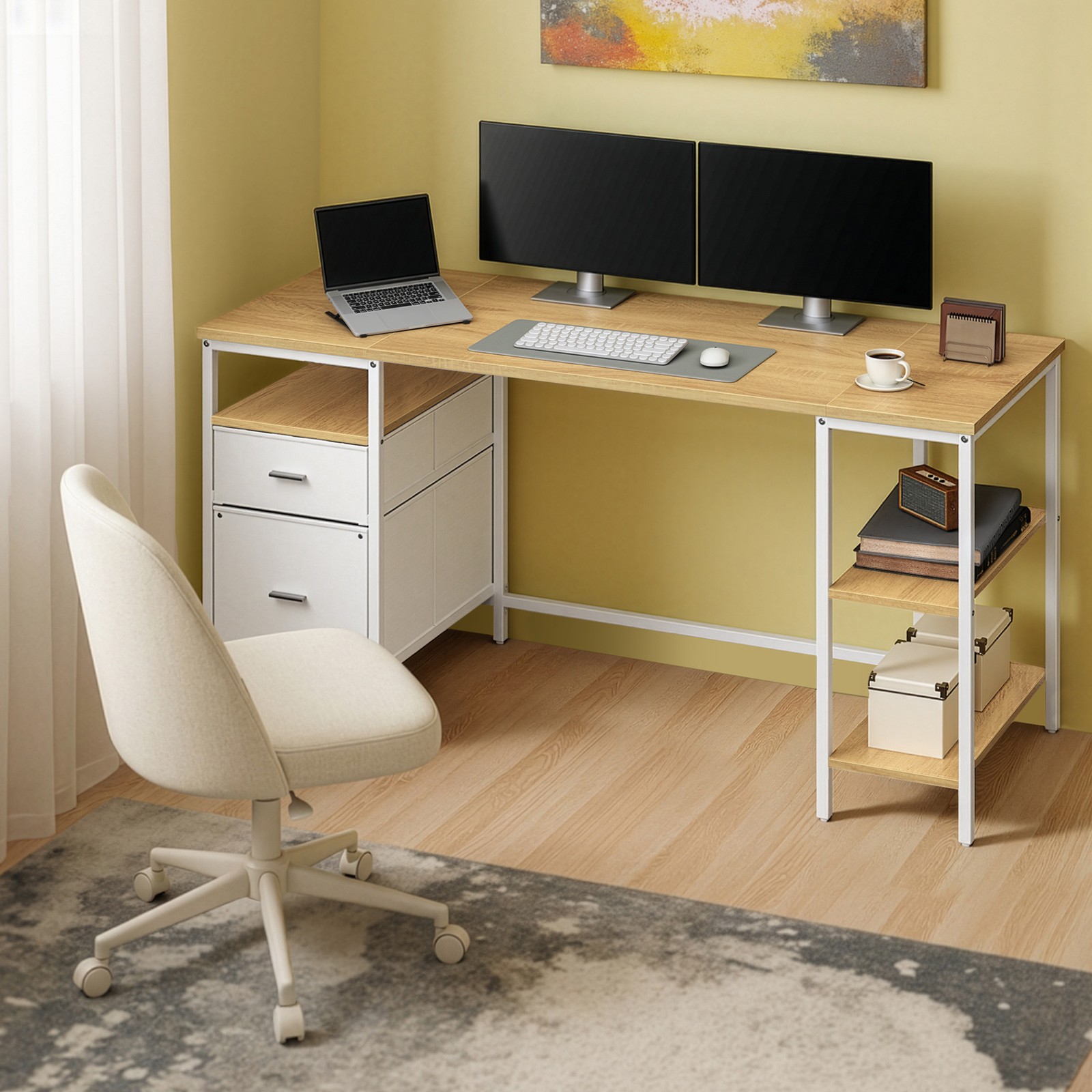Rakstāmgalds ar 3 plauktiem un 2 atvilktnēm, 160 x 60 x 76 cm, ozola balti tonis - Image 4
