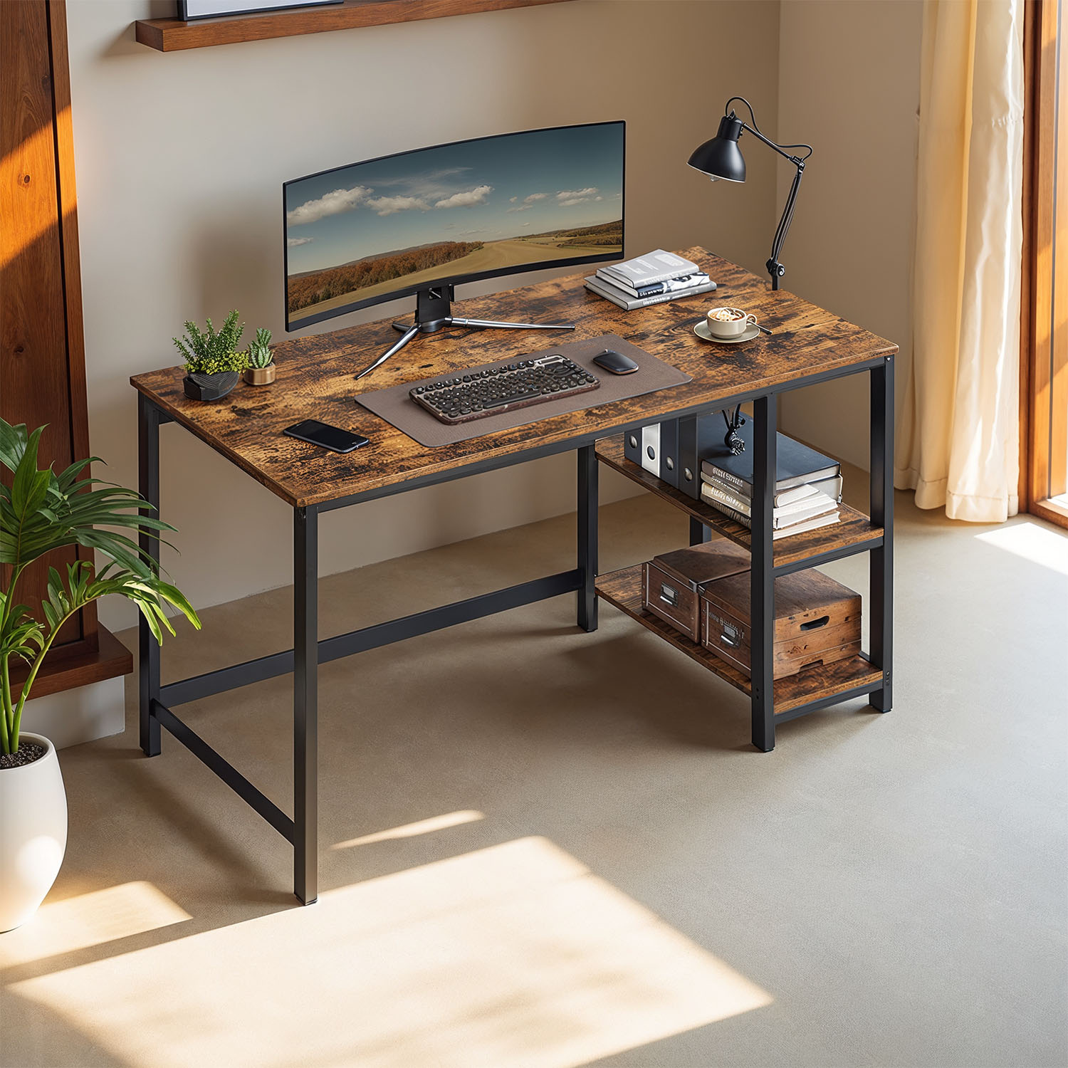 Tietokonepöytä 2 hyllytasolla, 120 x 60 x 75 cm, ruskea-musta - Image 3