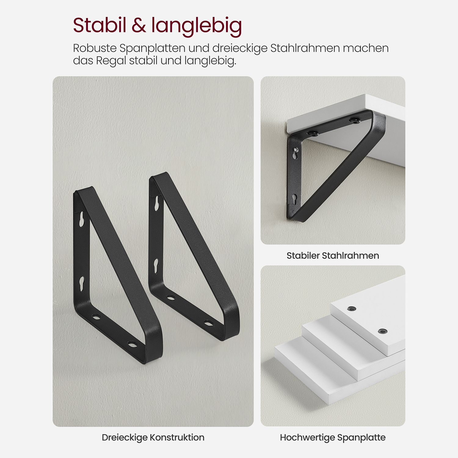 Pakabinamos sieninės lentynos, 3 vnt. komplektas, baltos-juodos, medžio drožlių plokštė ir plienas - Image 6