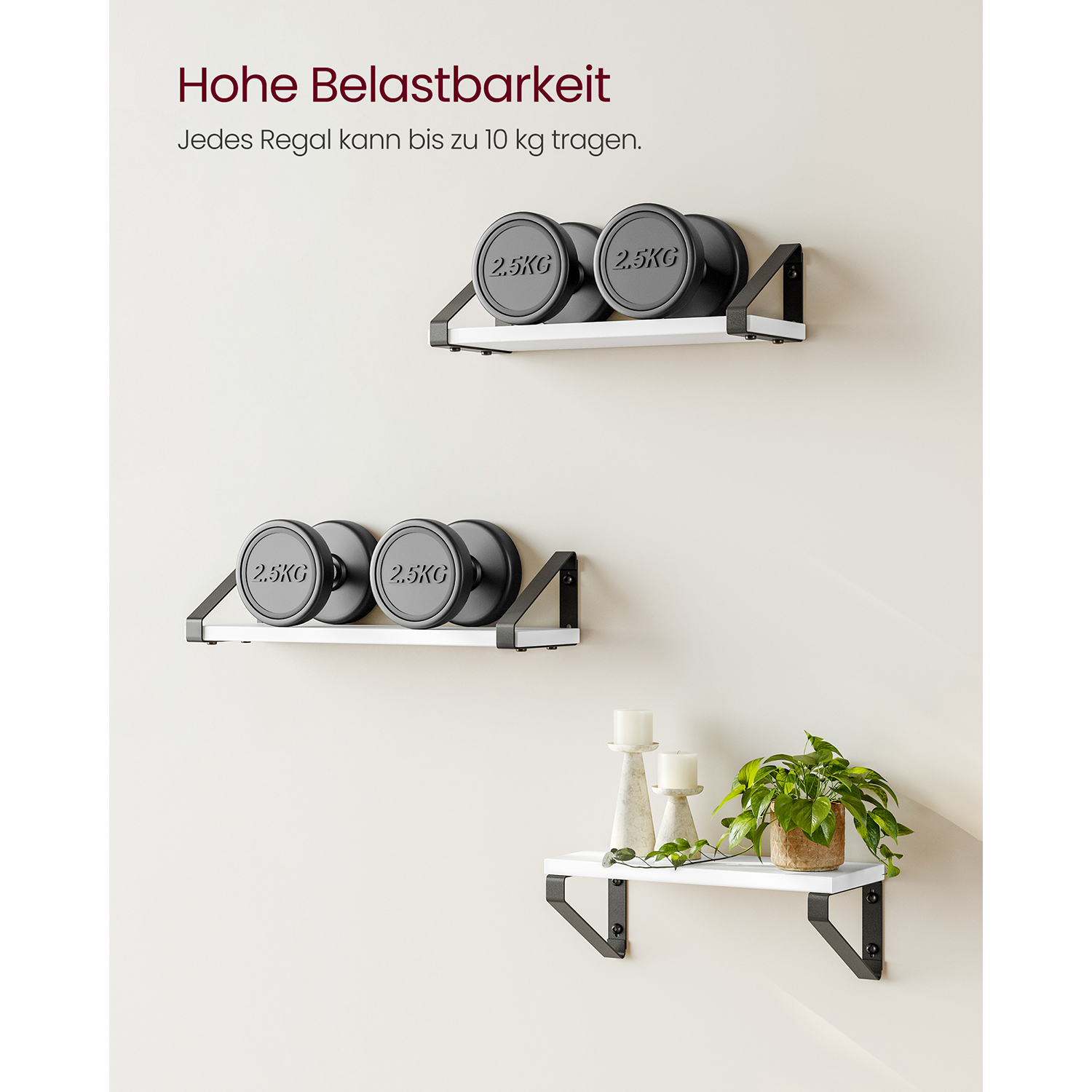Pakabinamos sieninės lentynos, 3 vnt. komplektas, baltos-juodos, medžio drožlių plokštė ir plienas - Image 8