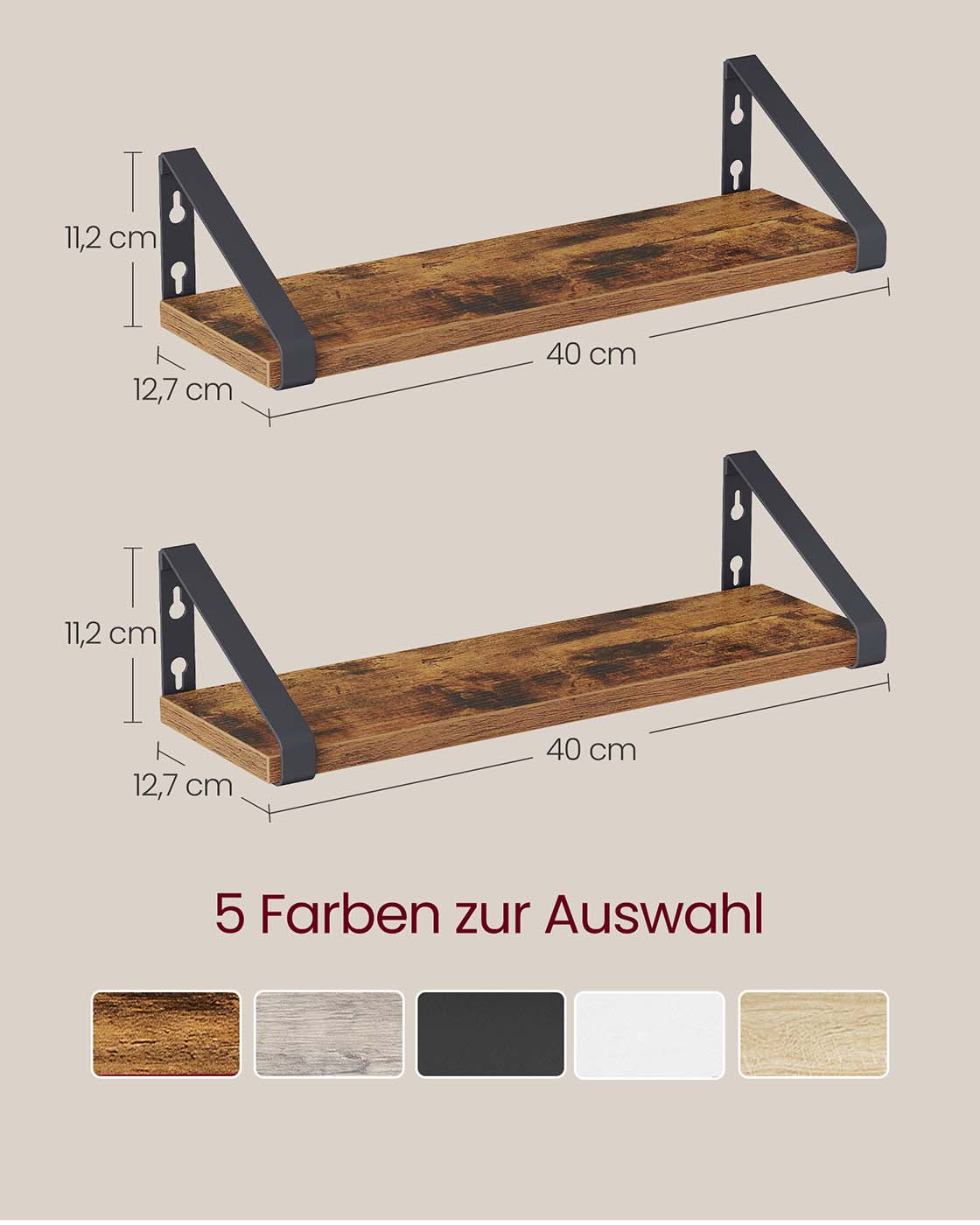 Sienas plaukts, 2 gab. komplekts, 2 montāžas veidi, 40 cm, skaidu plātne un tērauds - Image 7