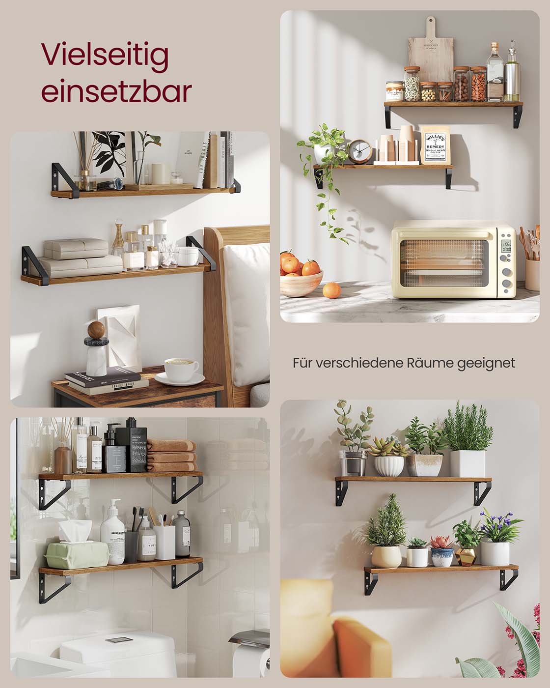 Sienas plaukts, 2 gab. komplekts, 2 montāžas veidi, 60 cm, brūns, melns - Image 3