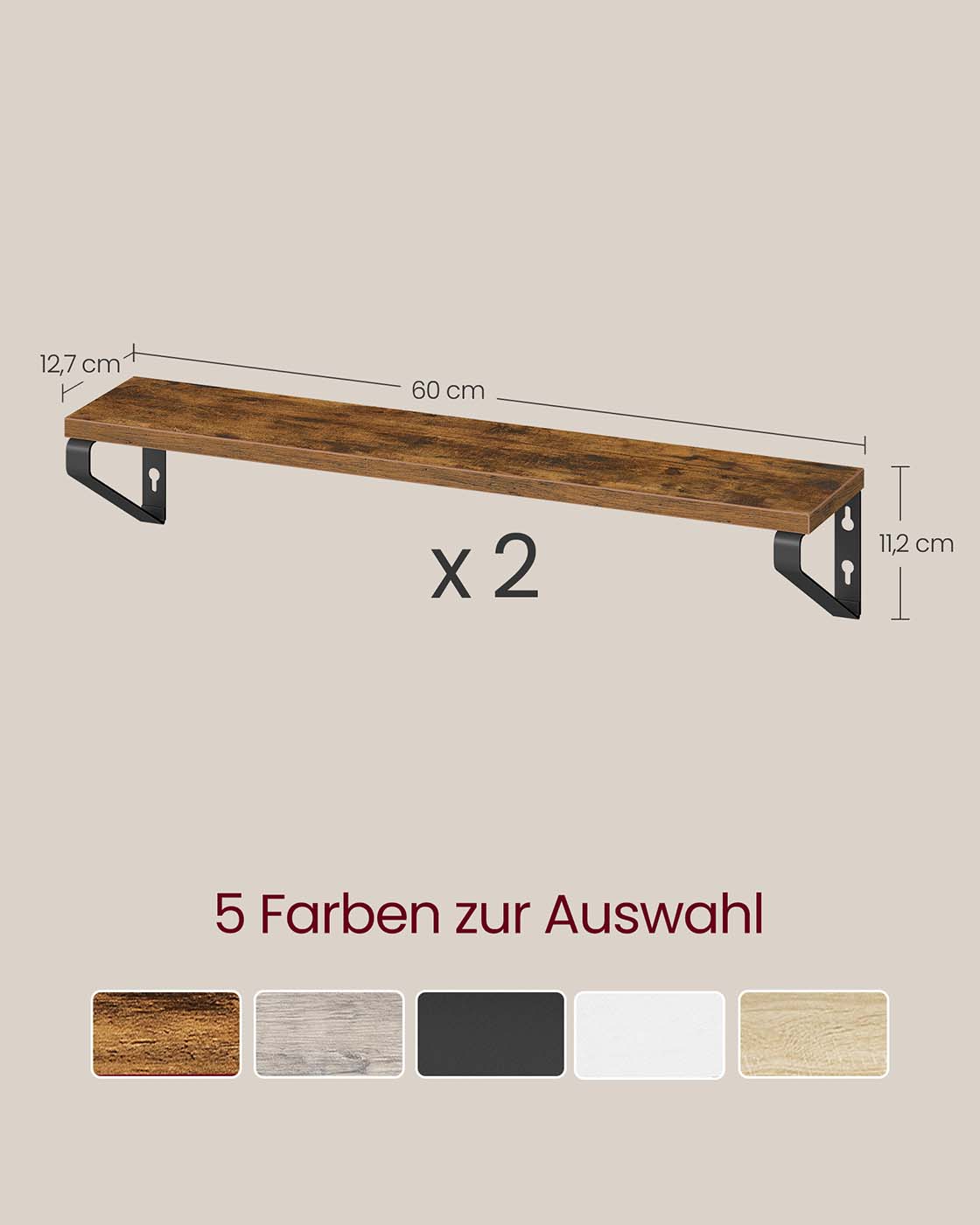 Sienas plaukts, 2 gab. komplekts, 2 montāžas veidi, 60 cm, brūns, melns - Image 7