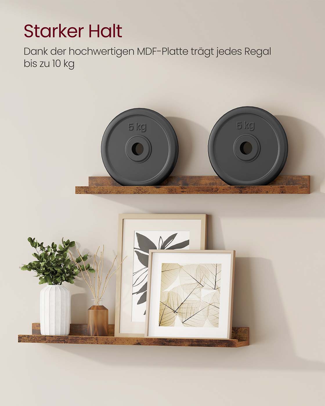Sienas plaukti, 2 gab., 60 x 10 cm, MDF, vintage brūnā krāsā - Image 3