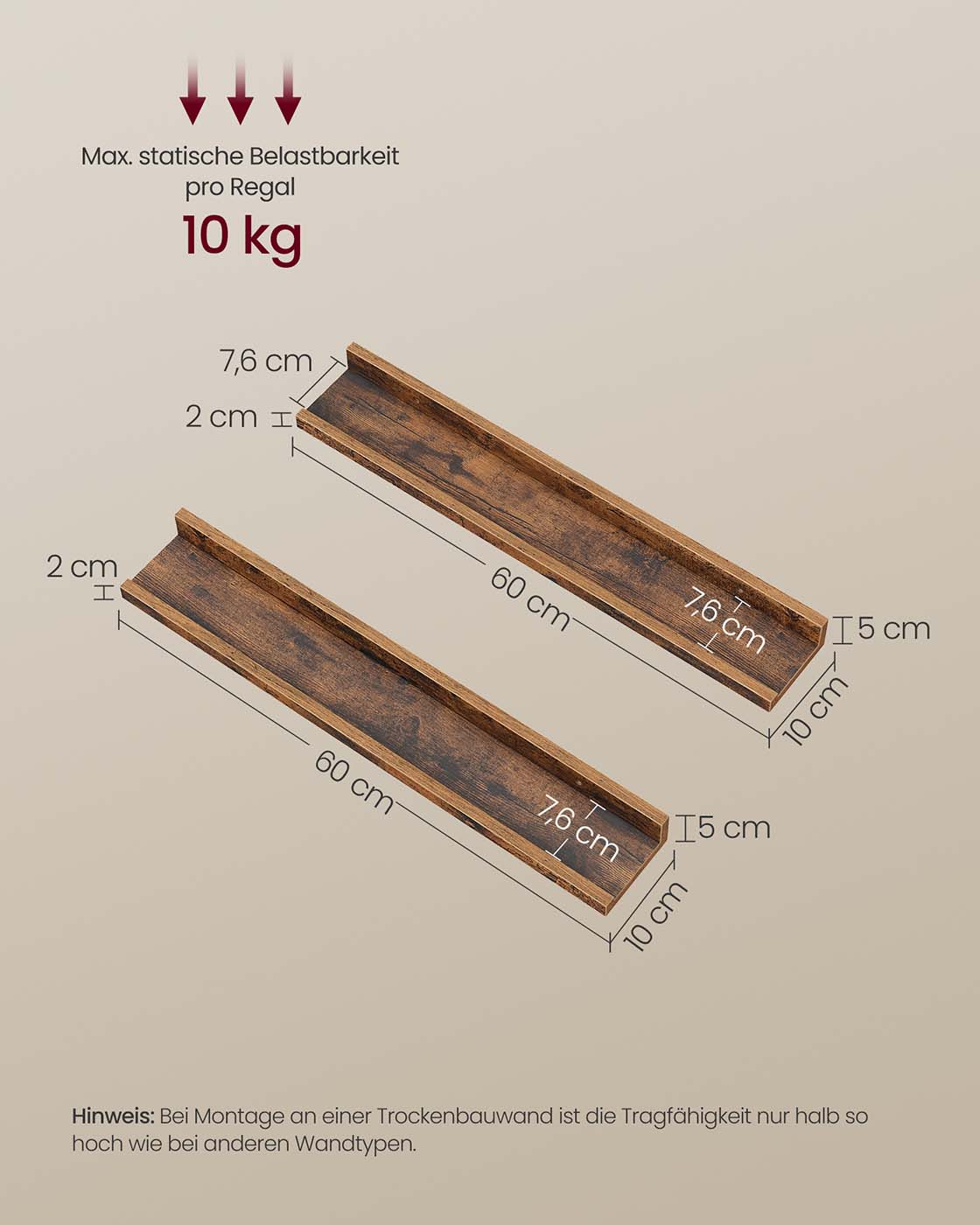 Sienas plaukti, 2 gab., 60 x 10 cm, MDF, vintage brūnā krāsā - Image 6