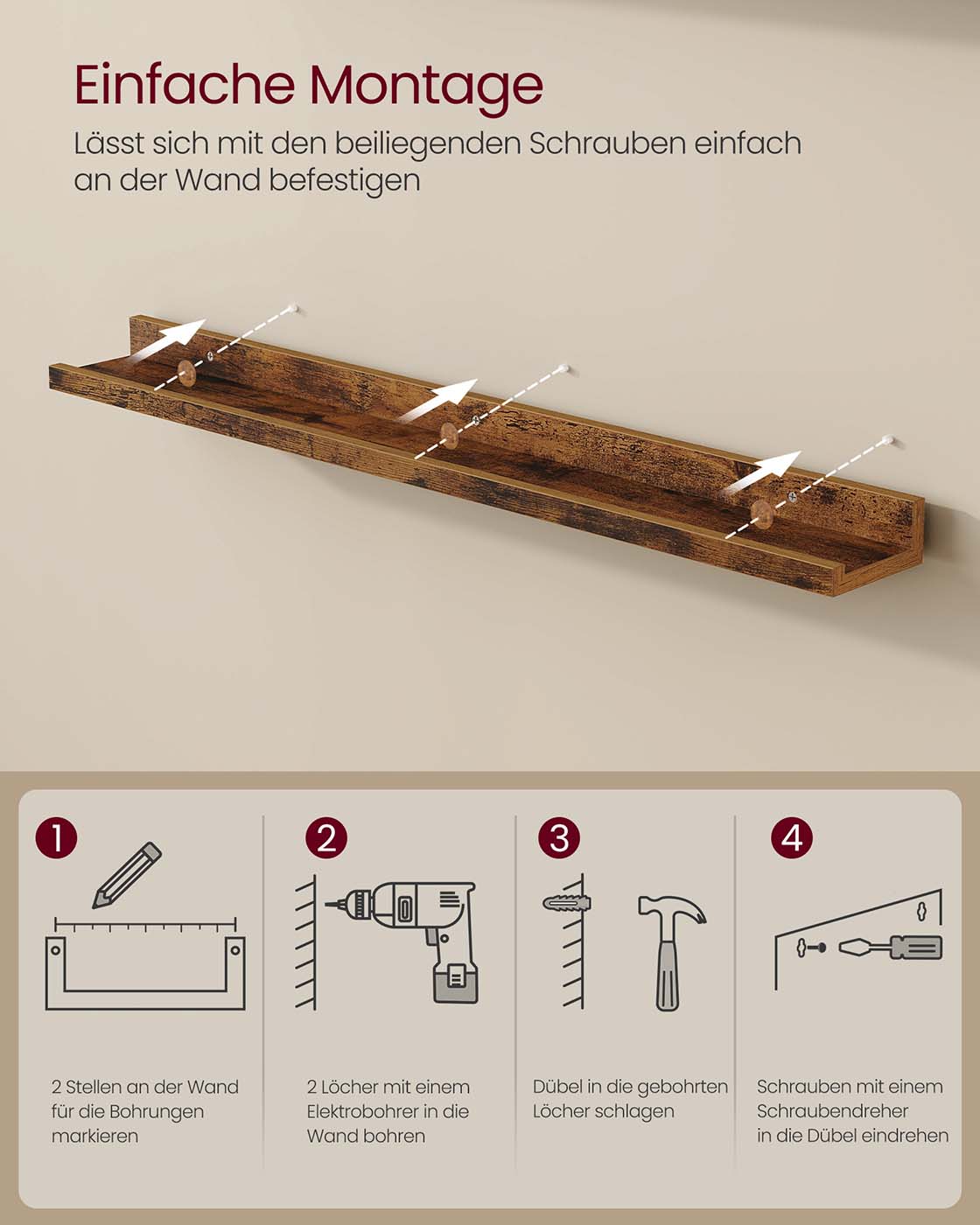 Seinähyllyt, 3 kpl setti, 80 cm, MDF, vintage ruskea - Image 4