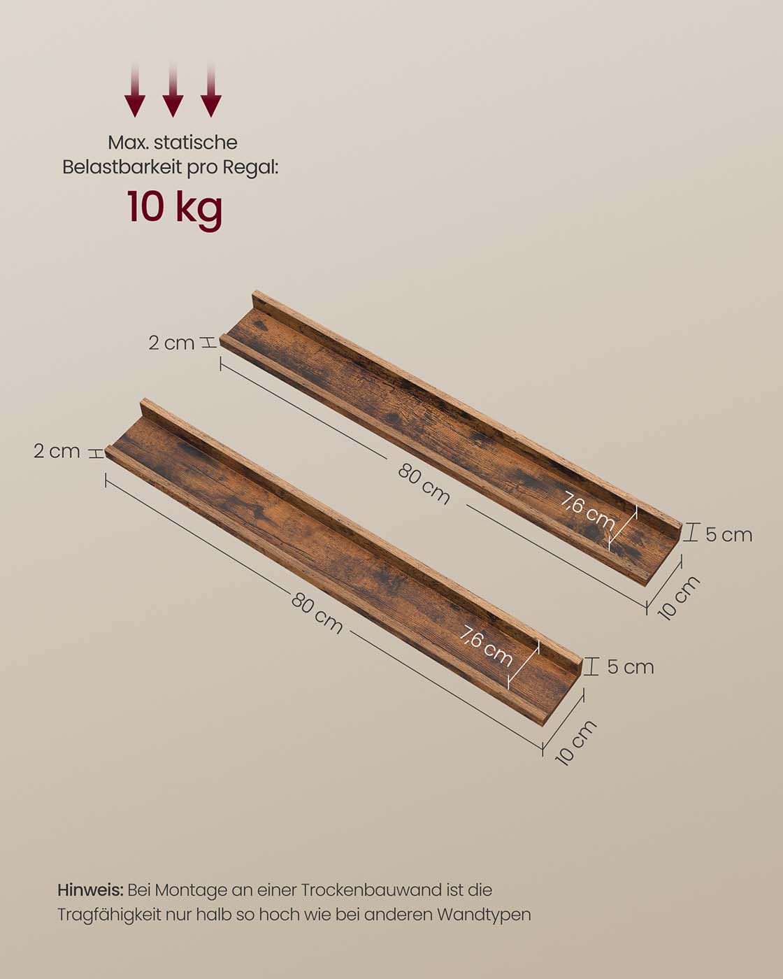 Seinähyllyt, 3 kpl setti, 80 cm, MDF, vintage ruskea - Image 6