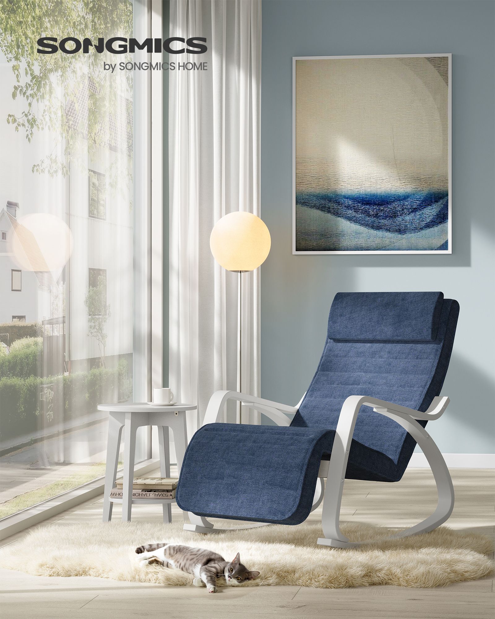 Šūpuļkrēsls ar 5 pozīcijās regulējamu kāju balstu, bērza koks, zils-balts, 121,5 x 67 x 84 cm - Image 2